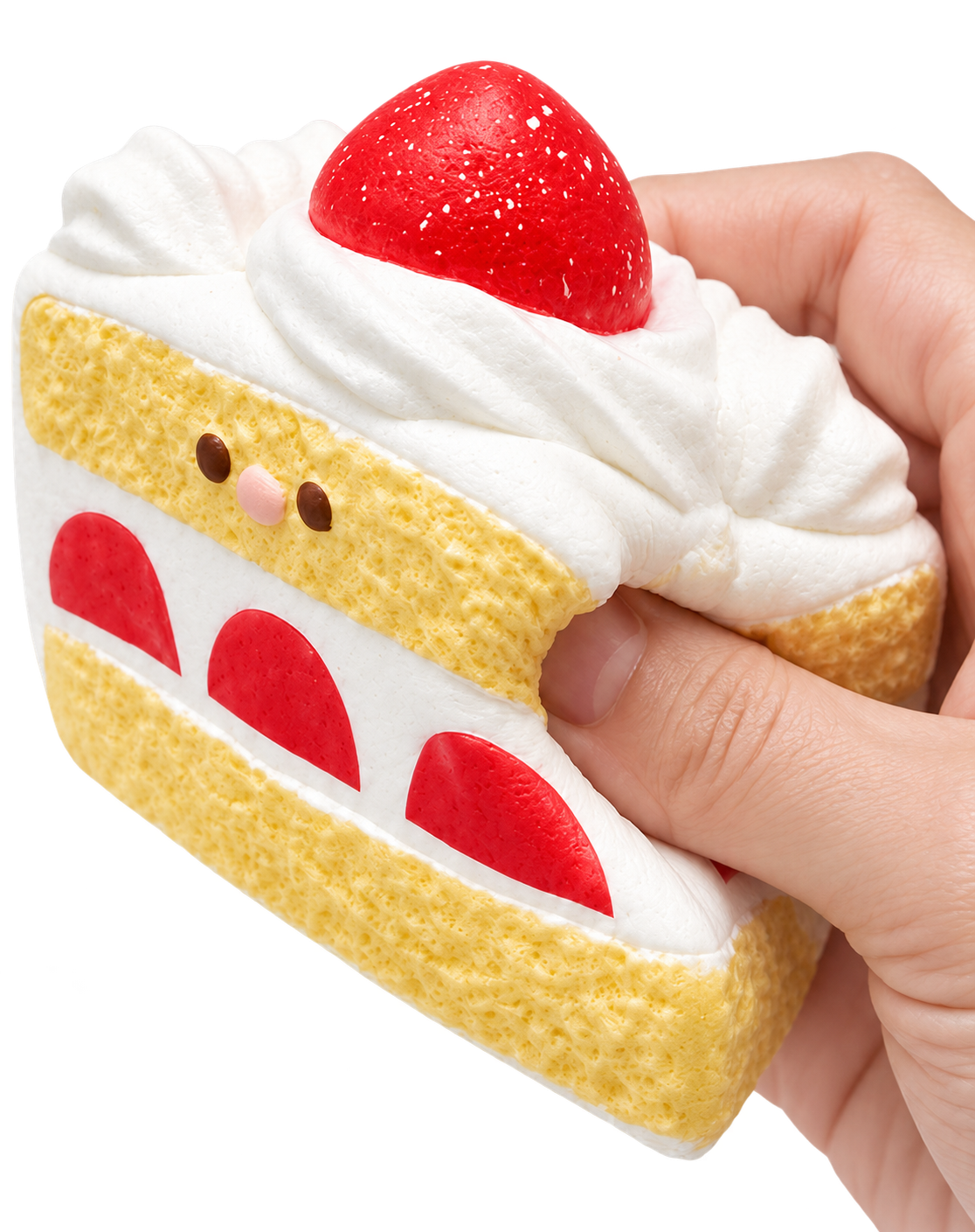 Strawberry cake squishy pressed by a hand — optical motion illustration